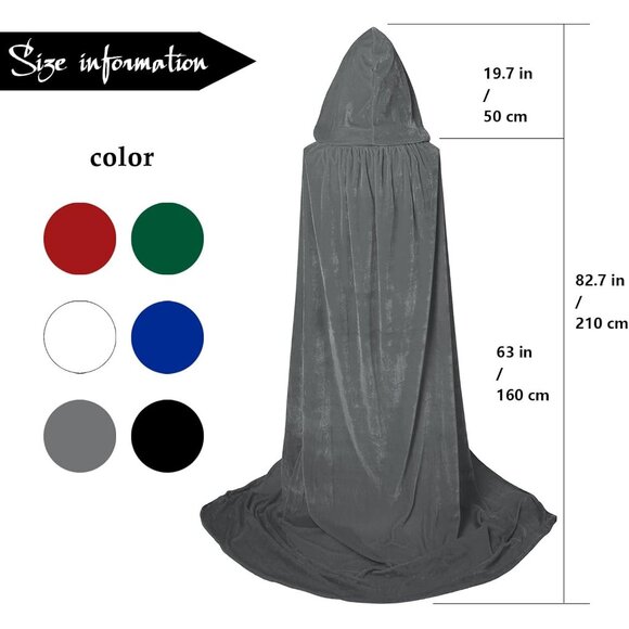 Gray Witch Velvet Hooded Cloak Halloween Cape Queen King Renaissance Medieval - Picture 7 of 7